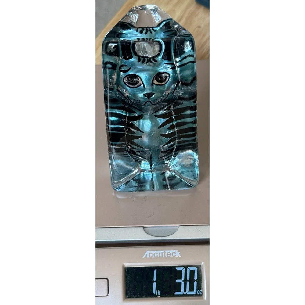 Vintage Paperweight Cat Kriff Design Art Glass Blue Hand Painted 6